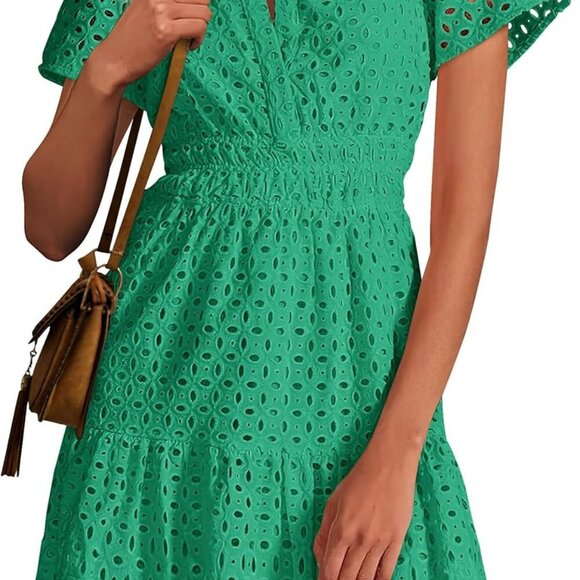 2025 Women Summer Short Dress V Neck Short Sleeve A Line Hollow Out Lace Ruffle - Picture 1 of 8